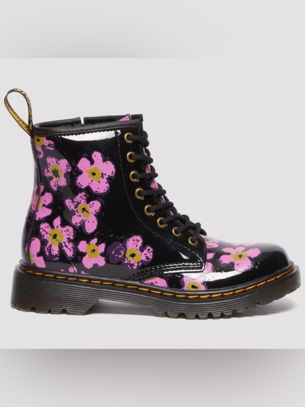 Dr. Martens Kids Black Patent Floral Lace-Up Boot with Pink Flowers